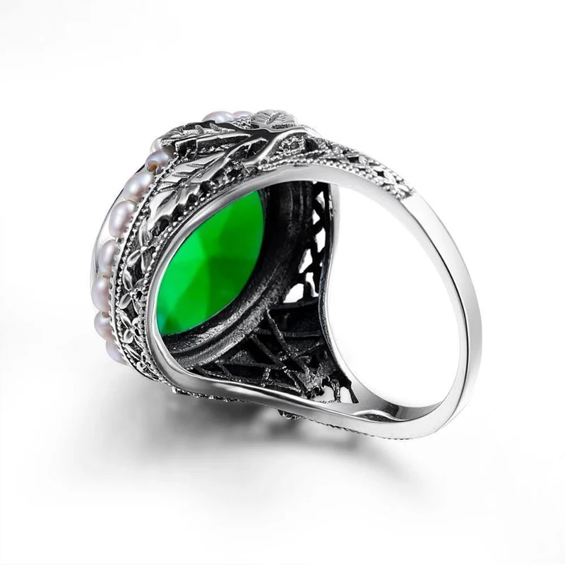 925 Sterling Silber Ring Natürliche Perle Vintage Grüner Stein Kristall Ringe Schmuck für Frauen