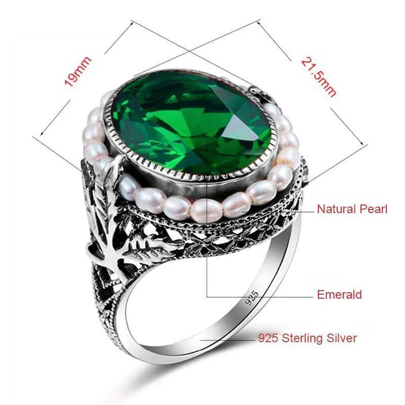 925 Sterling Silber Ring Natürliche Perle Vintage Grüner Stein Kristall Ringe Schmuck für Frauen