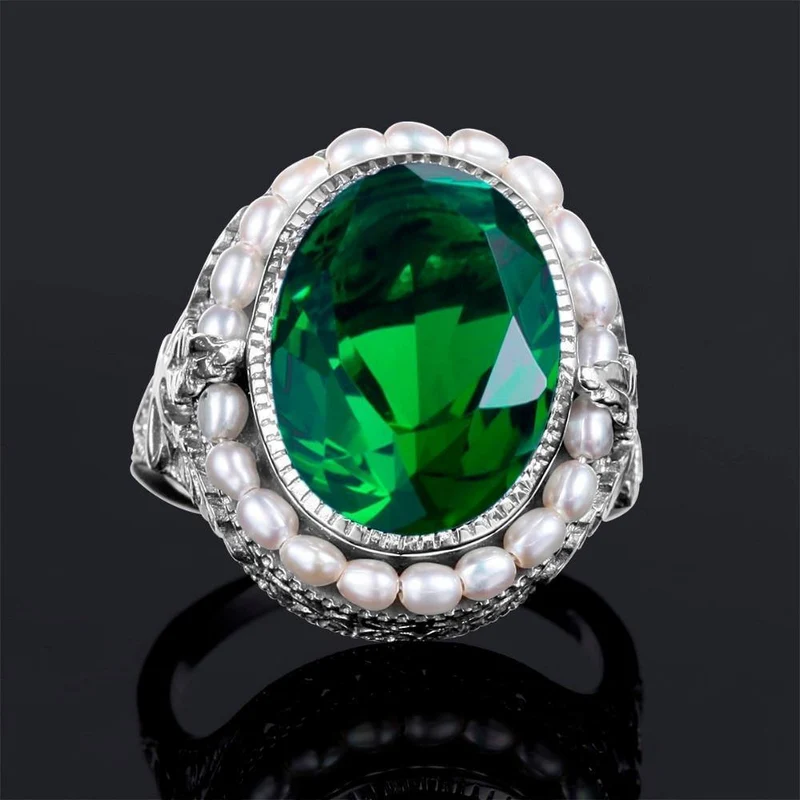 925 Sterling Silber Ring Natürliche Perle Vintage Grüner Stein Kristall Ringe Schmuck für Frauen