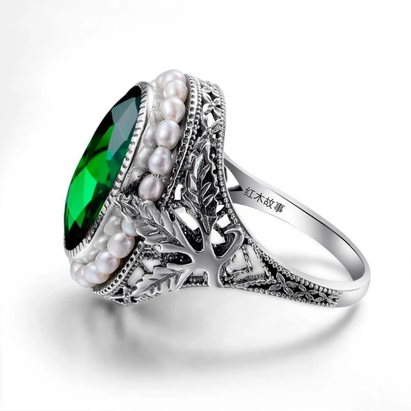 925 Sterling Silber Ring Natürliche Perle Vintage Grüner Stein Kristall Ringe Schmuck für Frauen