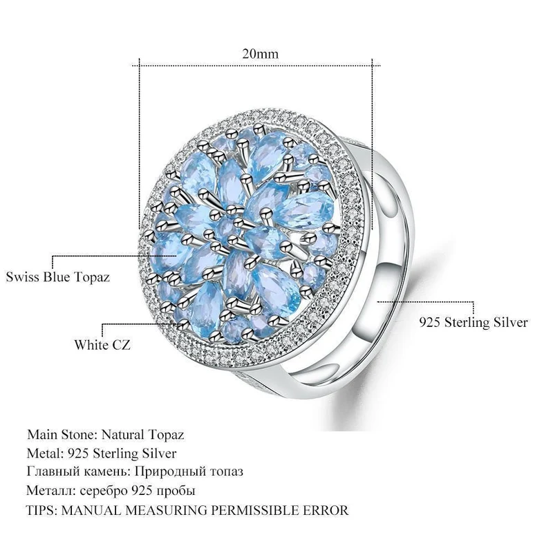 Natürlicher Schweizer Blautopas, echtes 925er Sterlingsilber, runde Vintage-Moderinge für Damen