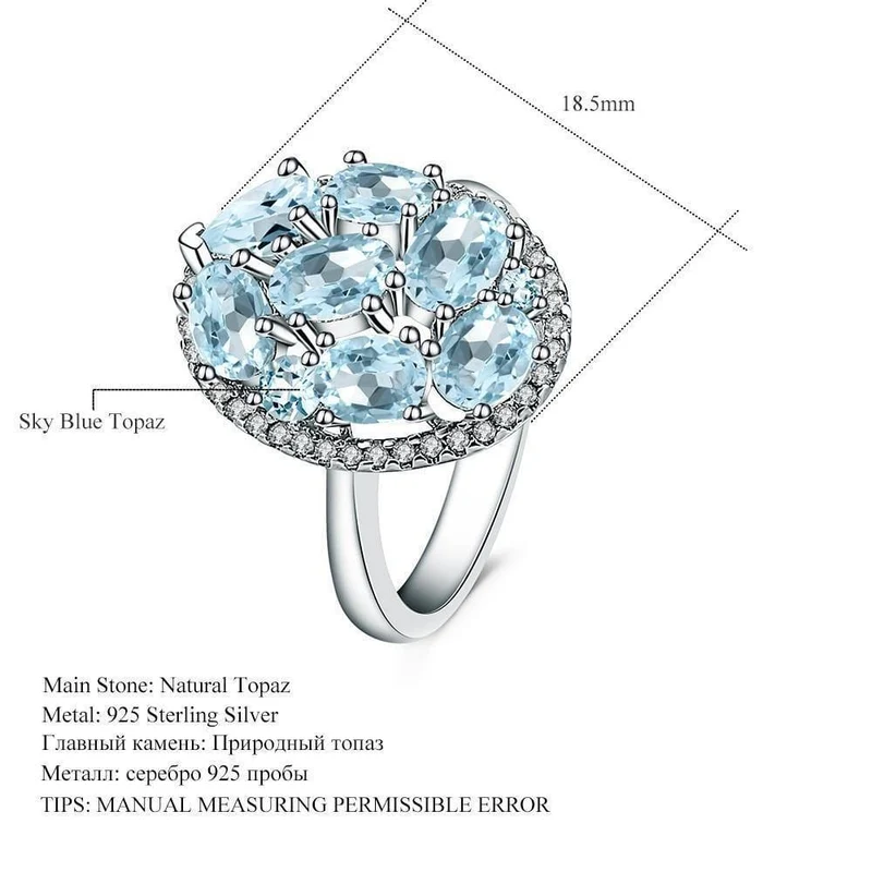 Sky Blue Topas Ringe Genuine 100% 925 Sterling Silber Vintage-Modeschmuck für Frauen Hochzeit Engagement