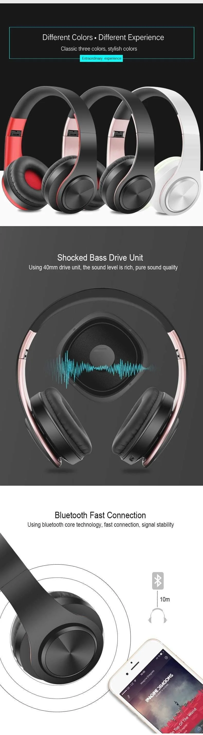 Drahtlose Kopfhörer Bluetooth Stereo Faltbarer Kopfhörer Audio Mp3 Einstellbare Kopfhörer mit Mikrofon für Musik