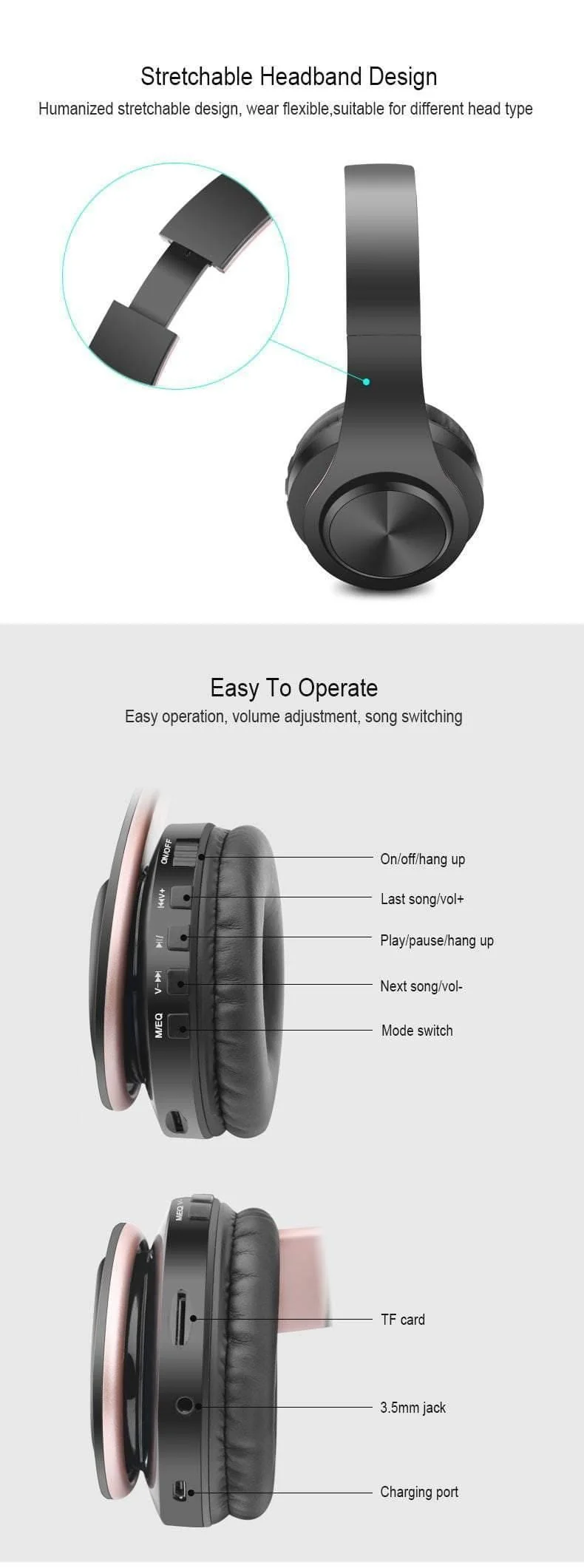 Drahtlose Kopfhörer Bluetooth Stereo Faltbarer Kopfhörer Audio Mp3 Einstellbare Kopfhörer mit Mikrofon für Musik