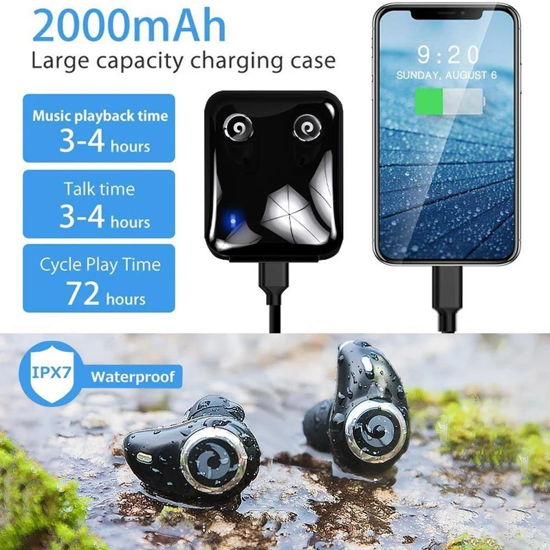 Bluetooth 5.0 Kopfhörer True Wireless EarBuds IPX7 Wasserdichtes Stereo-Headset 2000mAh Power Bank Telefonladung für iPhone 6s 7 Sony