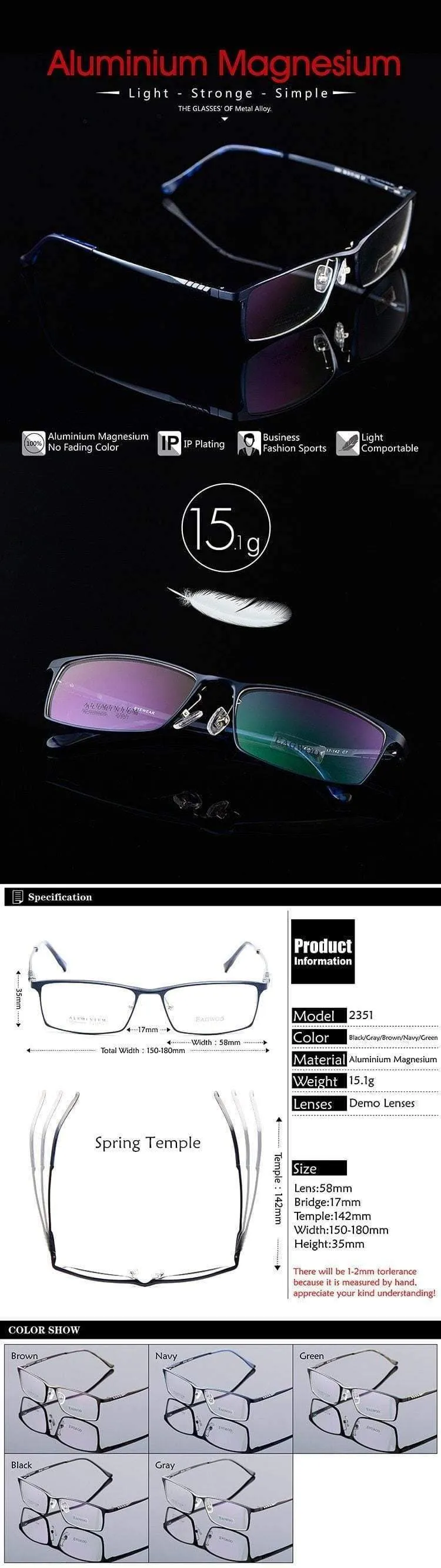 Aluminium Männer breites Gesicht Korrekturbrille Vollrand optische Rahmen Business-Brille