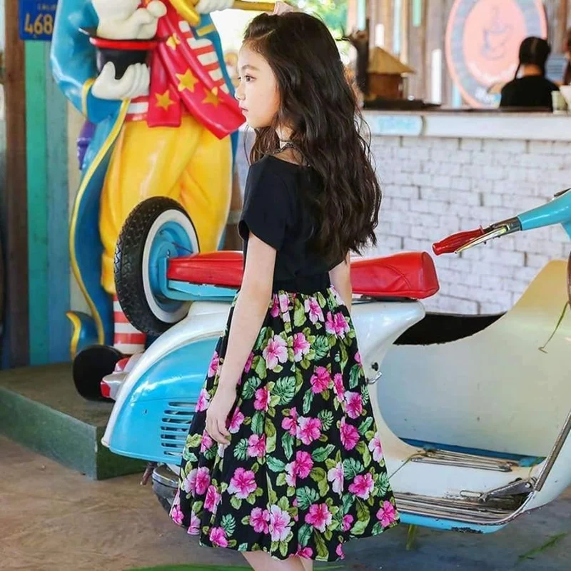 Sommer-Outfit für Mädchen, modische zweiteilige Kleidungssets für Teenager, schwarze Oberteile und Röcke mit Blumenmuster, Größe 8 10 12, Mädchenkleidung