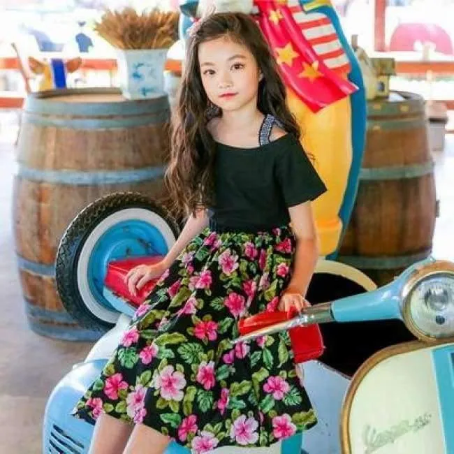 Sommer-Outfit für Mädchen, modische zweiteilige Kleidungssets für Teenager, schwarze Oberteile und Röcke mit Blumenmuster, Größe 8 10 12, Mädchenkleidung