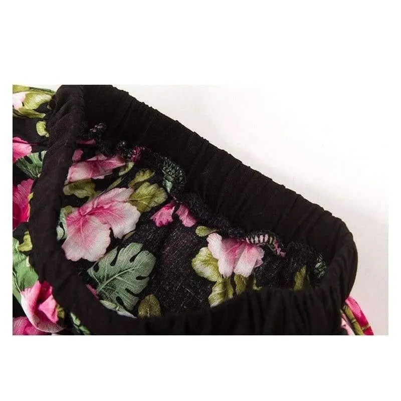 Sommer-Outfit für Mädchen, modische zweiteilige Kleidungssets für Teenager, schwarze Oberteile und Röcke mit Blumenmuster, Größe 8 10 12, Mädchenkleidung