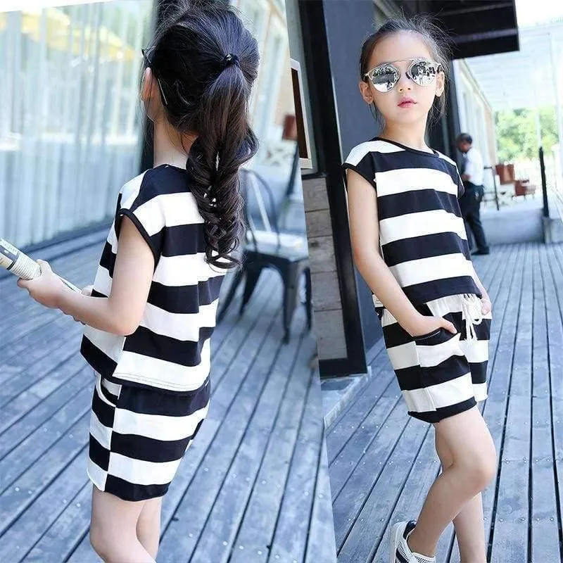 Kinder Kleidung Set Große Mädchen Sommer Neue Mode Kurzarm Streifen Top Shorts 2pc Set Teenager Mädchen Casual Anzug 4-16 jahre