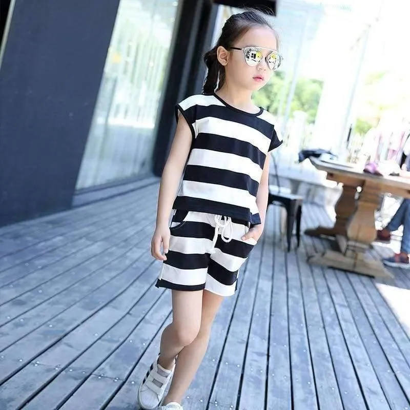 Kinder Kleidung Set Große Mädchen Sommer Neue Mode Kurzarm Streifen Top Shorts 2pc Set Teenager Mädchen Casual Anzug 4-16 jahre
