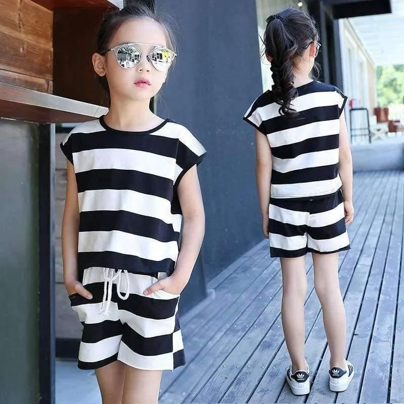 Kinder Kleidung Set Große Mädchen Sommer Neue Mode Kurzarm Streifen Top Shorts 2pc Set Teenager Mädchen Casual Anzug 4-16 jahre