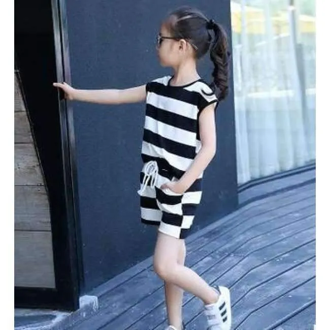 Kinder Kleidung Set Große Mädchen Sommer Neue Mode Kurzarm Streifen Top Shorts 2pc Set Teenager Mädchen Casual Anzug 4-16 jahre