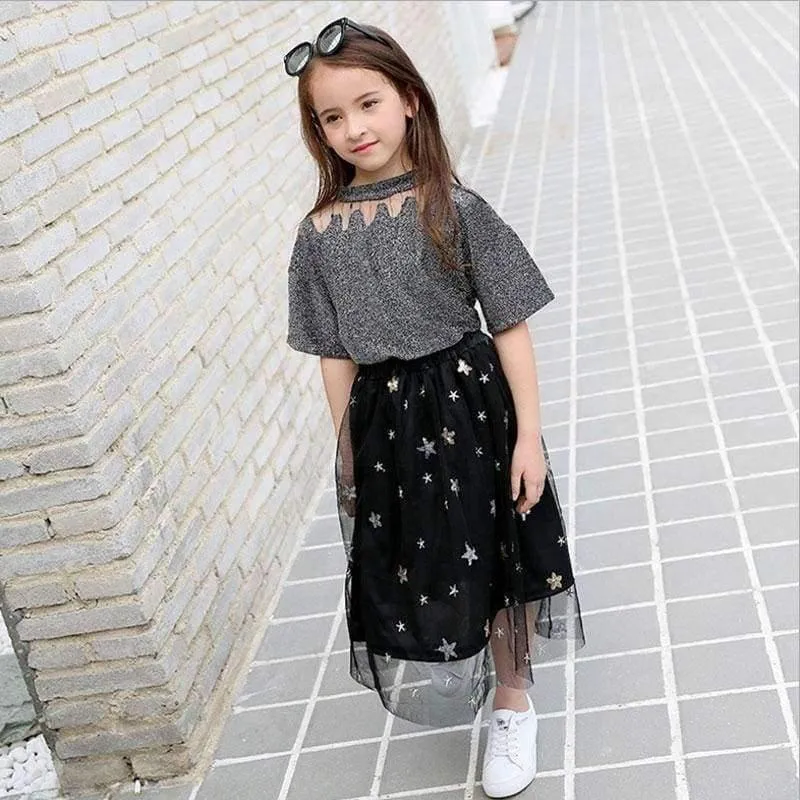 Mädchen-Kleidungssets, Sommermode für Teenager, Kostüm für große Mädchen, 2-tlg. T-Shirt + Pailletten-Netzröcke, 6 8 10 12 14 16 Jahre