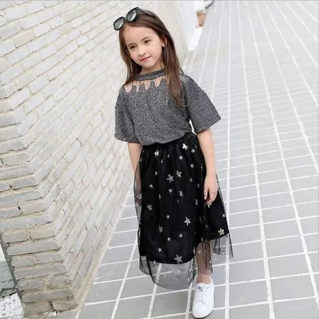Mädchen-Kleidungssets, Sommermode für Teenager, Kostüm für große Mädchen, 2-tlg. T-Shirt + Pailletten-Netzröcke, 6 8 10 12 14 16 Jahre