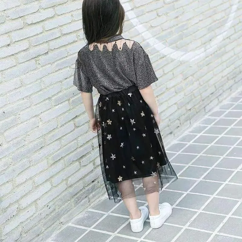 Mädchen-Kleidungssets, Sommermode für Teenager, Kostüm für große Mädchen, 2-tlg. T-Shirt + Pailletten-Netzröcke, 6 8 10 12 14 16 Jahre