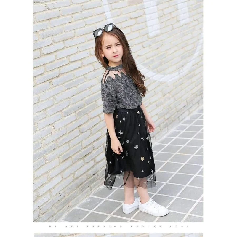 Mädchen-Kleidungssets, Sommermode für Teenager, Kostüm für große Mädchen, 2-tlg. T-Shirt + Pailletten-Netzröcke, 6 8 10 12 14 16 Jahre