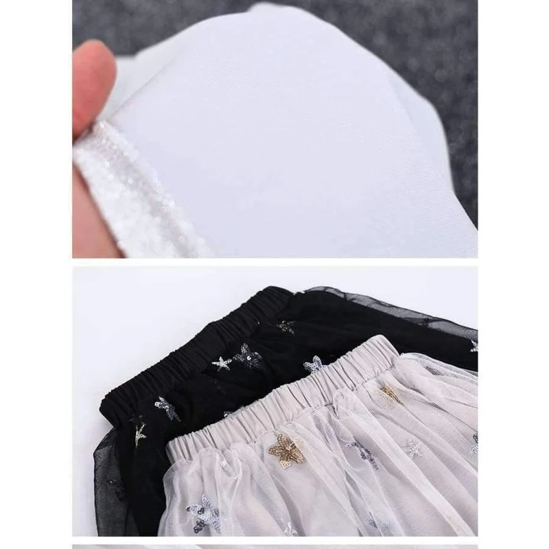 Mädchen-Kleidungssets, Sommermode für Teenager, Kostüm für große Mädchen, 2-tlg. T-Shirt + Pailletten-Netzröcke, 6 8 10 12 14 16 Jahre
