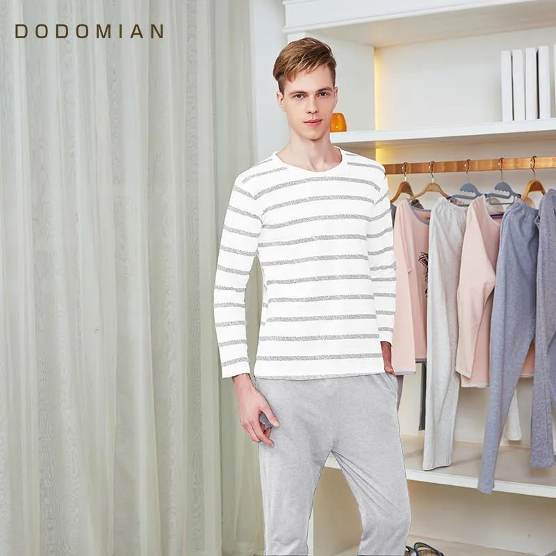 Baumwolle Frühling und Herbst Herren Nachtwäsche Langarm O-Neck Pullover Striped Lounge Sleep Set
