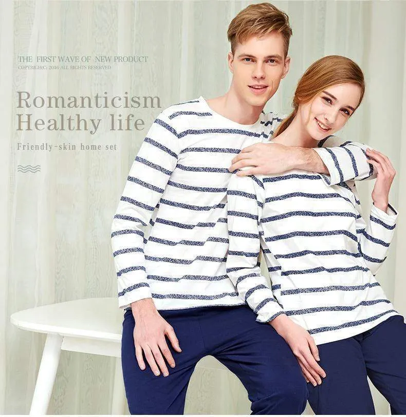 Baumwolle Frühling und Herbst Herren Nachtwäsche Langarm O-Neck Pullover Striped Lounge Sleep Set