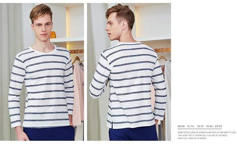 Baumwolle Frühling und Herbst Herren Nachtwäsche Langarm O-Neck Pullover Striped Lounge Sleep Set