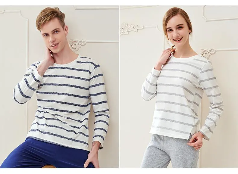Baumwolle Frühling und Herbst Herren Nachtwäsche Langarm O-Neck Pullover Striped Lounge Sleep Set