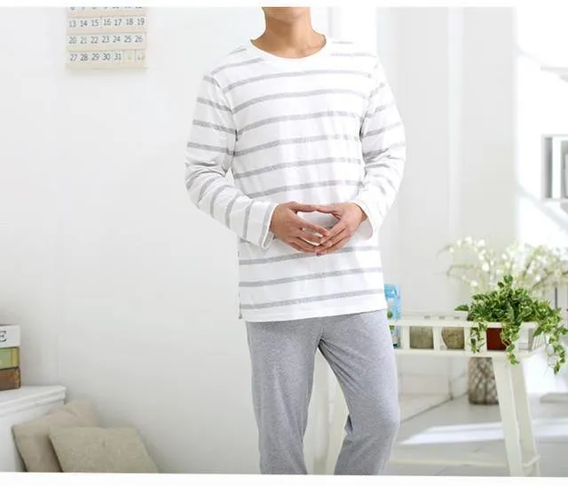 Baumwolle Frühling und Herbst Herren Nachtwäsche Langarm O-Neck Pullover Striped Lounge Sleep Set
