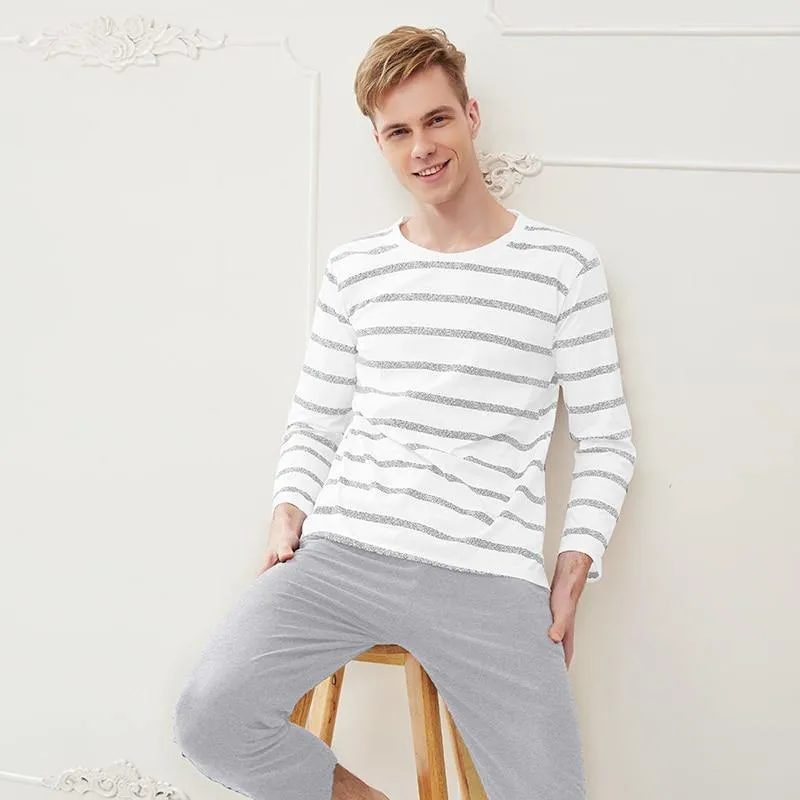 Baumwolle Frühling und Herbst Herren Nachtwäsche Langarm O-Neck Pullover Striped Lounge Sleep Set