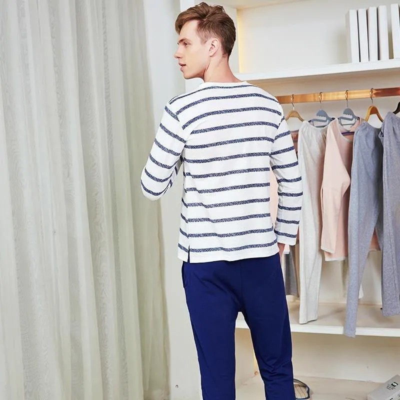 Baumwolle Frühling und Herbst Herren Nachtwäsche Langarm O-Neck Pullover Striped Lounge Sleep Set