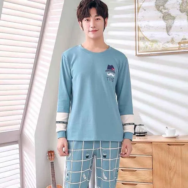 Herren-Pyjama aus Baumwolle mit Buchstaben, gestreift, Nachtwäsche, Cartoon-Pyjama-Sets, lässiger Schlaf- und Lounge-Pyjama, Übergröße 3XL
