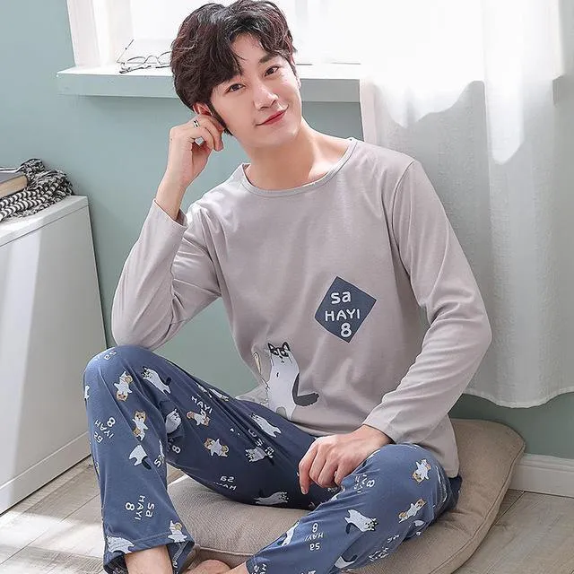 Herren-Pyjama aus Baumwolle mit Buchstaben, gestreift, Nachtwäsche, Cartoon-Pyjama-Sets, lässiger Schlaf- und Lounge-Pyjama, Übergröße 3XL