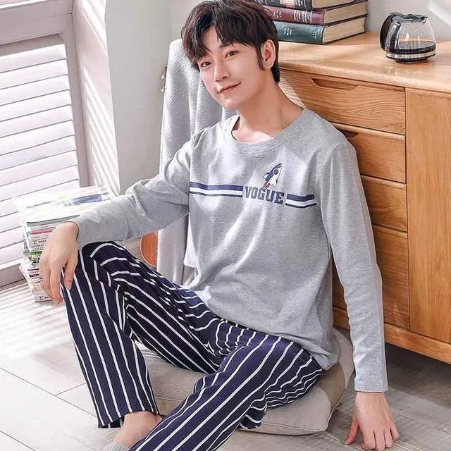 Herren-Pyjama aus Baumwolle mit Buchstaben, gestreift, Nachtwäsche, Cartoon-Pyjama-Sets, lässiger Schlaf- und Lounge-Pyjama, Übergröße 3XL