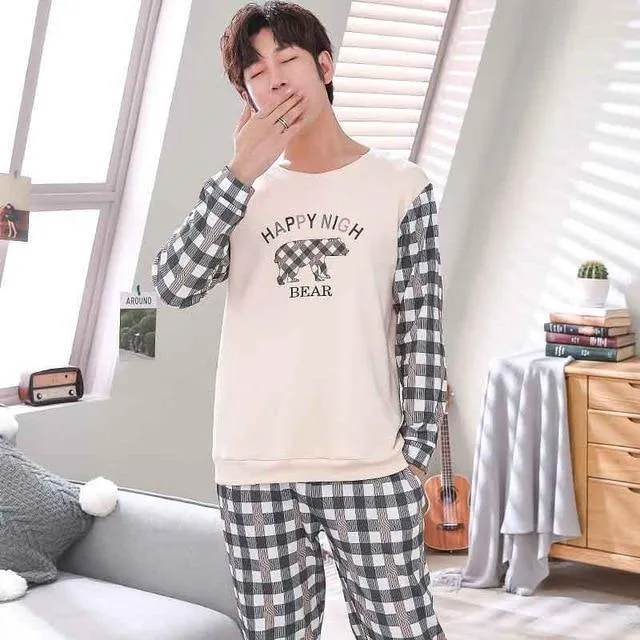 Herren-Pyjama aus Baumwolle mit Buchstaben, gestreift, Nachtwäsche, Cartoon-Pyjama-Sets, lässiger Schlaf- und Lounge-Pyjama, Übergröße 3XL