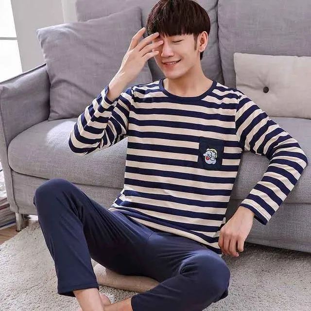 Herren-Pyjama aus Baumwolle mit Buchstaben, gestreift, Nachtwäsche, Cartoon-Pyjama-Sets, lässiger Schlaf- und Lounge-Pyjama, Übergröße 3XL