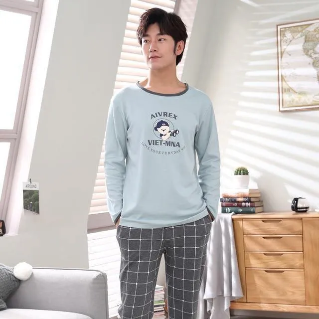 Herren-Pyjama aus Baumwolle mit Buchstaben, gestreift, Nachtwäsche, Cartoon-Pyjama-Sets, lässiger Schlaf- und Lounge-Pyjama, Übergröße 3XL
