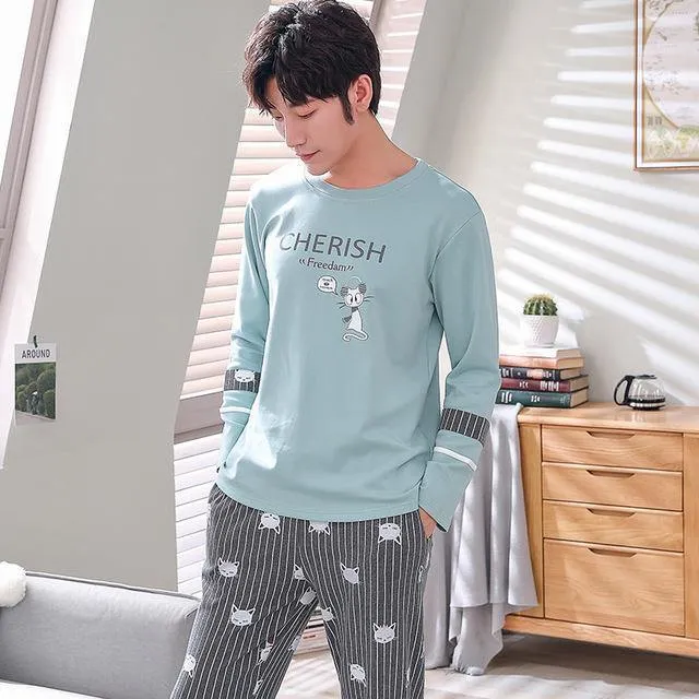 Herren-Pyjama aus Baumwolle mit Buchstaben, gestreift, Nachtwäsche, Cartoon-Pyjama-Sets, lässiger Schlaf- und Lounge-Pyjama, Übergröße 3XL