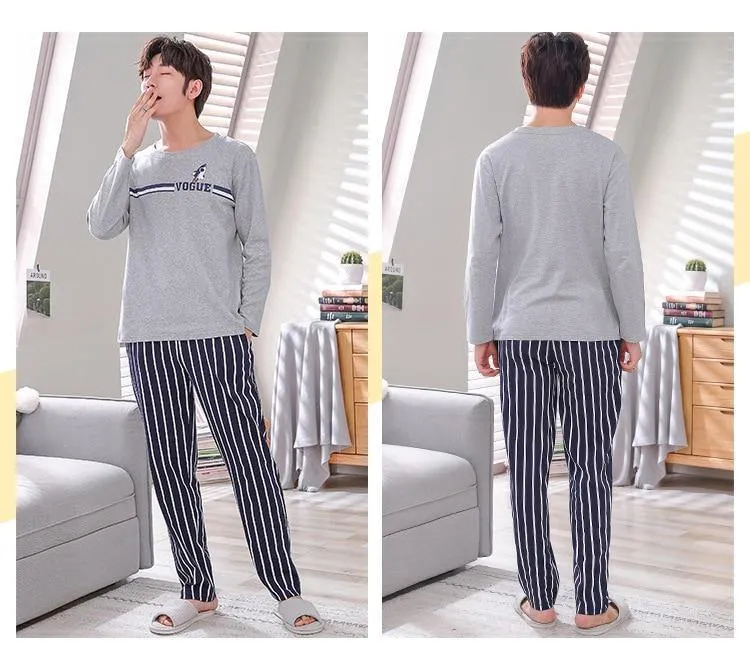 Herren-Pyjama aus Baumwolle mit Buchstaben, gestreift, Nachtwäsche, Cartoon-Pyjama-Sets, lässiger Schlaf- und Lounge-Pyjama, Übergröße 3XL