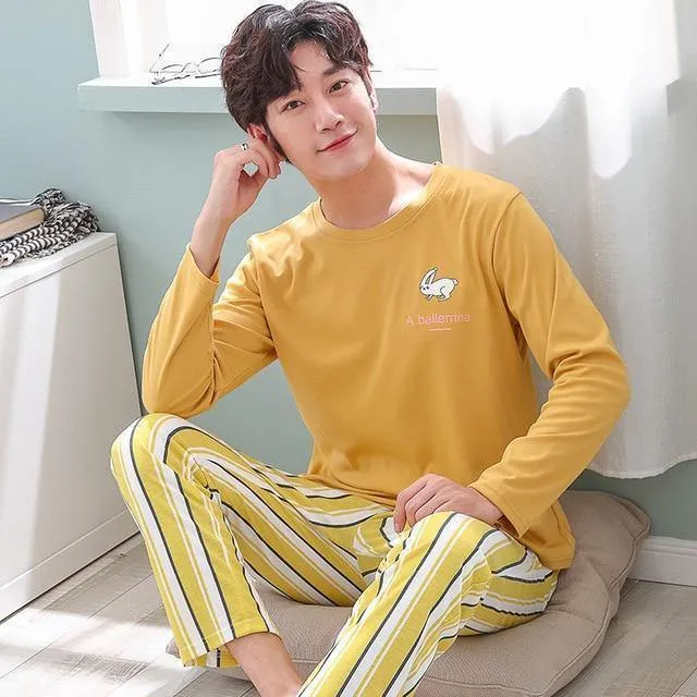 Herren-Pyjama aus Baumwolle mit Buchstaben, gestreift, Nachtwäsche, Cartoon-Pyjama-Sets, lässiger Schlaf- und Lounge-Pyjama, Übergröße 3XL