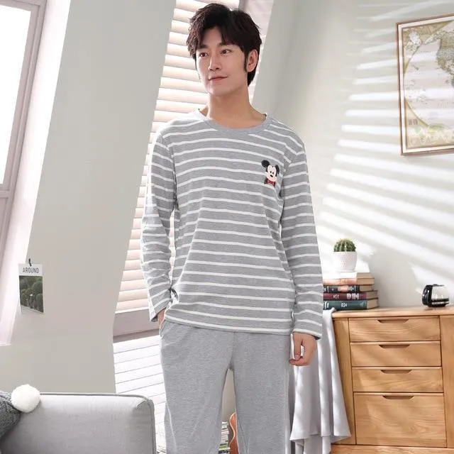 Herren-Pyjama aus Baumwolle mit Buchstaben, gestreift, Nachtwäsche, Cartoon-Pyjama-Sets, lässiger Schlaf- und Lounge-Pyjama, Übergröße 3XL