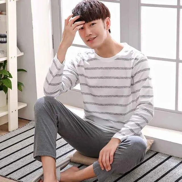 Herren-Pyjama aus Baumwolle mit Buchstaben, gestreift, Nachtwäsche, Cartoon-Pyjama-Sets, lässiger Schlaf- und Lounge-Pyjama, Übergröße 3XL