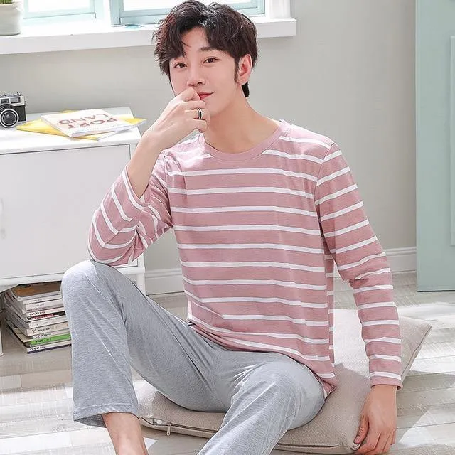 Herren-Pyjama aus Baumwolle mit Buchstaben, gestreift, Nachtwäsche, Cartoon-Pyjama-Sets, lässiger Schlaf- und Lounge-Pyjama, Übergröße 3XL