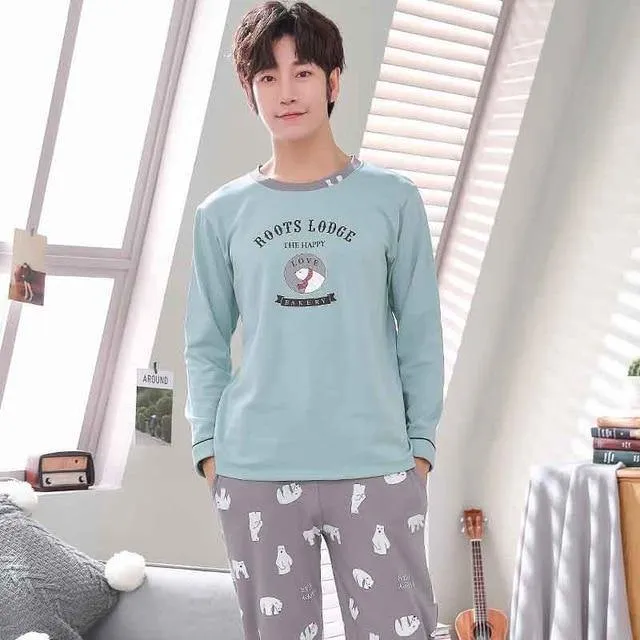 Herren-Pyjama aus Baumwolle mit Buchstaben, gestreift, Nachtwäsche, Cartoon-Pyjama-Sets, lässiger Schlaf- und Lounge-Pyjama, Übergröße 3XL