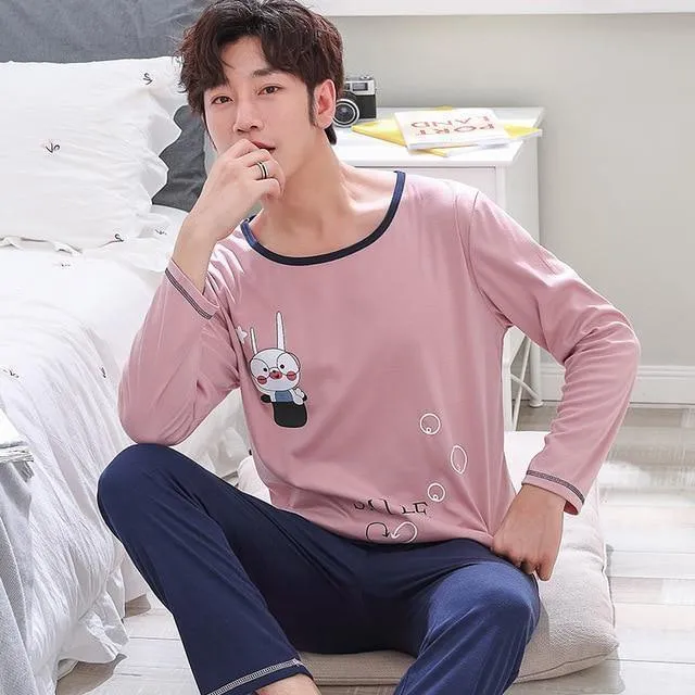 Herren-Pyjama aus Baumwolle mit Buchstaben, gestreift, Nachtwäsche, Cartoon-Pyjama-Sets, lässiger Schlaf- und Lounge-Pyjama, Übergröße 3XL