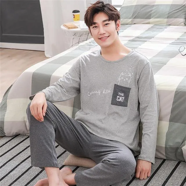 Herren-Pyjama aus Baumwolle mit Buchstaben, gestreift, Nachtwäsche, Cartoon-Pyjama-Sets, lässiger Schlaf- und Lounge-Pyjama, Übergröße 3XL