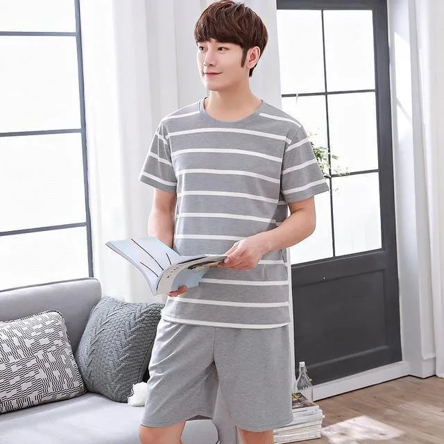 Herren-Pyjama aus Baumwolle mit Buchstaben, gestreift, Nachtwäsche, Cartoon-Pyjama-Sets, lässiger Schlaf- und Lounge-Pyjama, Übergröße 3XL