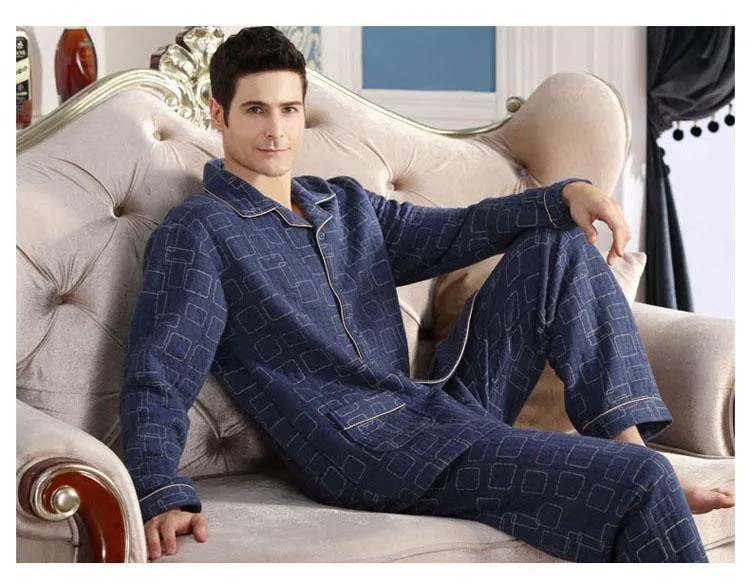 Baumwolle Plaid Pyjamas Homewear Langarm Warme Winter Pyjamas Nachtwäsche Männliche Schlaf Lounge M-4XL