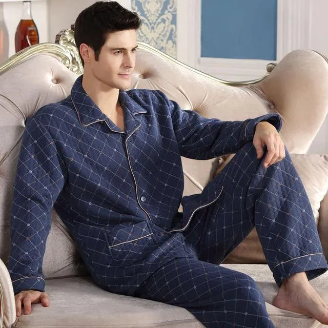 Baumwolle Plaid Pyjamas Homewear Langarm Warme Winter Pyjamas Nachtwäsche Männliche Schlaf Lounge M-4XL