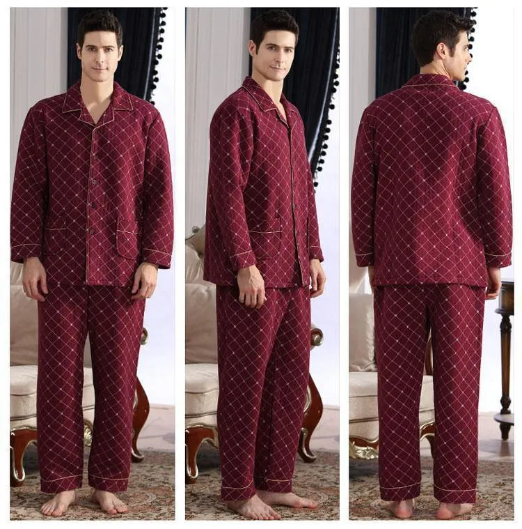 Baumwolle Plaid Pyjamas Homewear Langarm Warme Winter Pyjamas Nachtwäsche Männliche Schlaf Lounge M-4XL