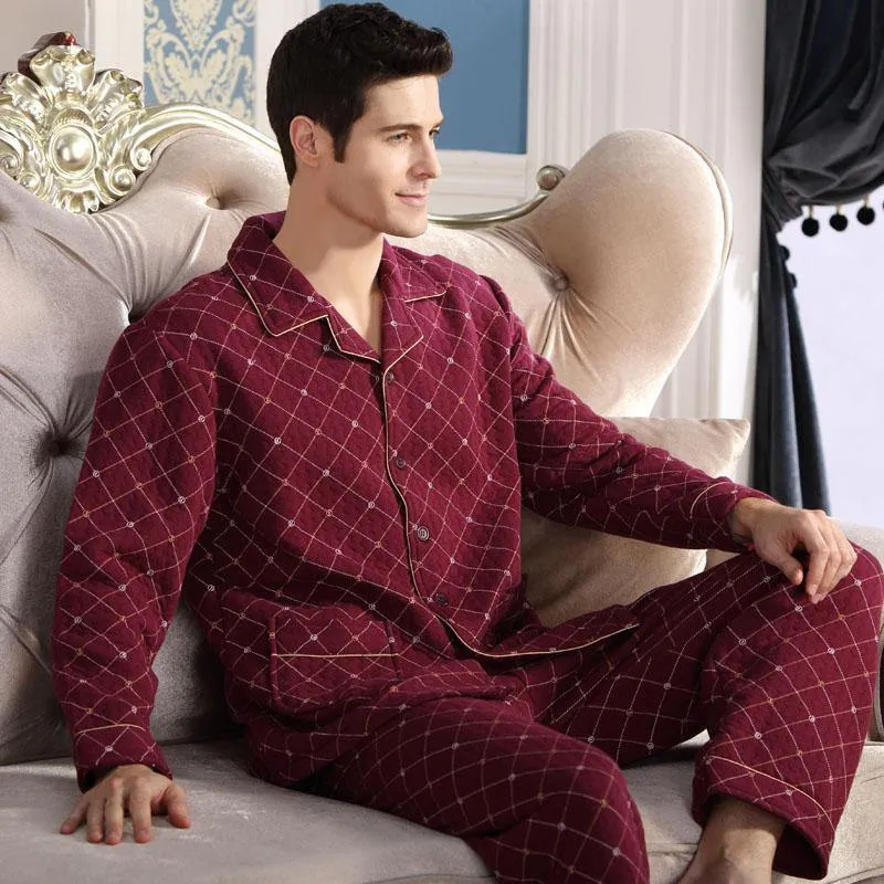 Baumwolle Plaid Pyjamas Homewear Langarm Warme Winter Pyjamas Nachtwäsche Männliche Schlaf Lounge M-4XL