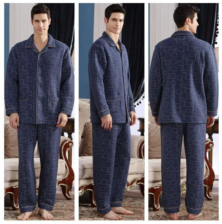 Baumwolle Plaid Pyjamas Homewear Langarm Warme Winter Pyjamas Nachtwäsche Männliche Schlaf Lounge M-4XL